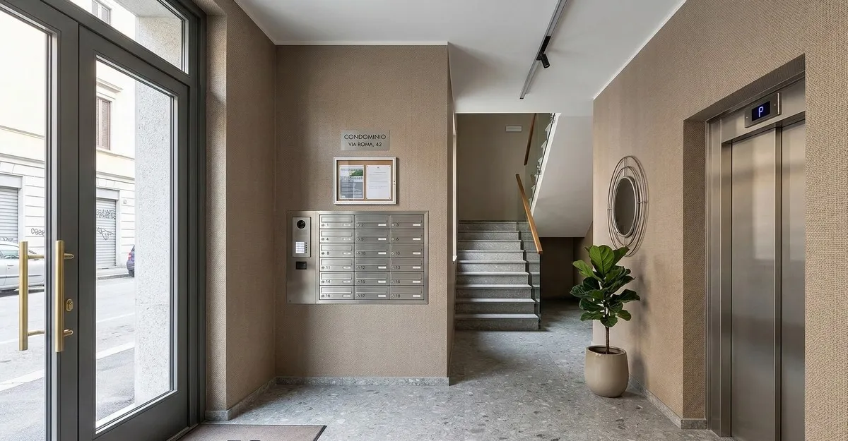 Esempio di tessuto in fibra di vetro nell'ingresso di un condominio. Verniciato color tortora